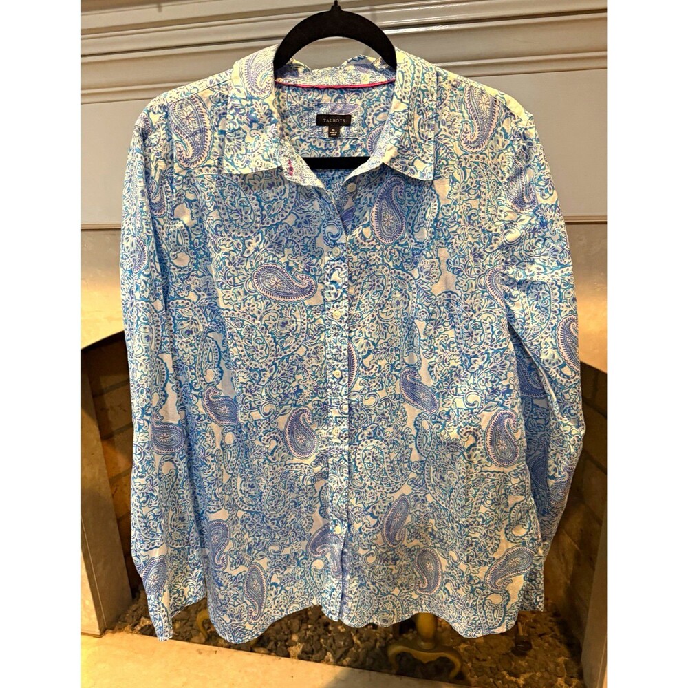 Talbots Blue/White Paisley 100% Cotton Collared Long Sleeve Button-Up XL